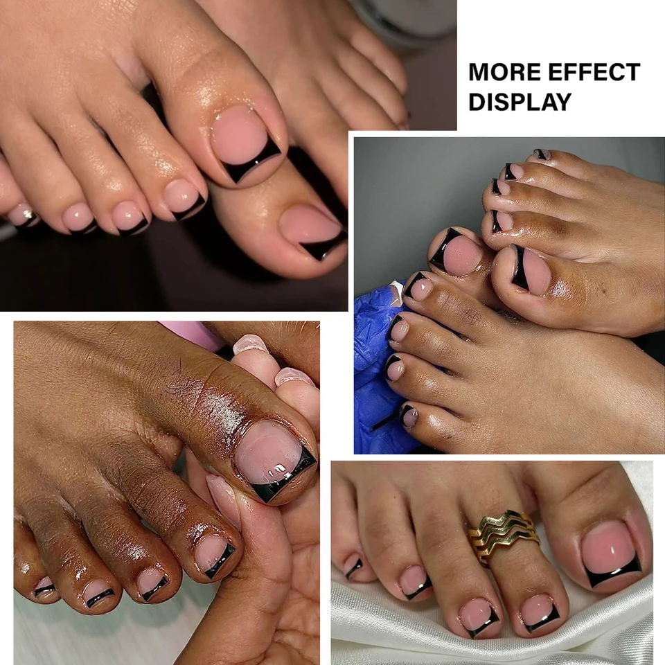 150 Piezas Uñas Postizas Para Dedos del Pie Cuadradas Cortas Negras Francesas Mate Nude Rosa Cobertura Completa Reutilizables Veraniegas 6