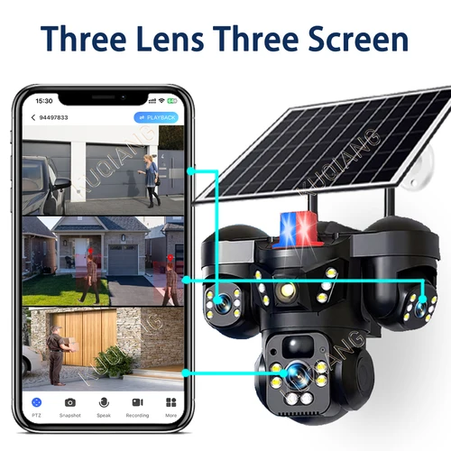 Imagen 2 del producto Cámara Solar V380 con Tres Lentes y Tres Pantallas, 15MP, 4G, WiFi, Zoom Digital 10X, Impermeable, Seguimiento Automático, Cámaras de Seguridad CCTV