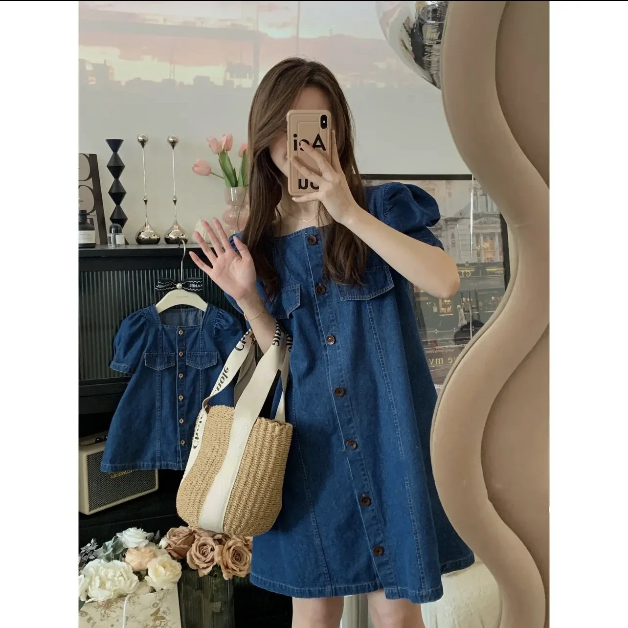 Mom Daughter Couple Look Denim Dress Mother and Girls Matching Equal Clothes Women Summer Blue Dresses Mommy and Baby Clothing