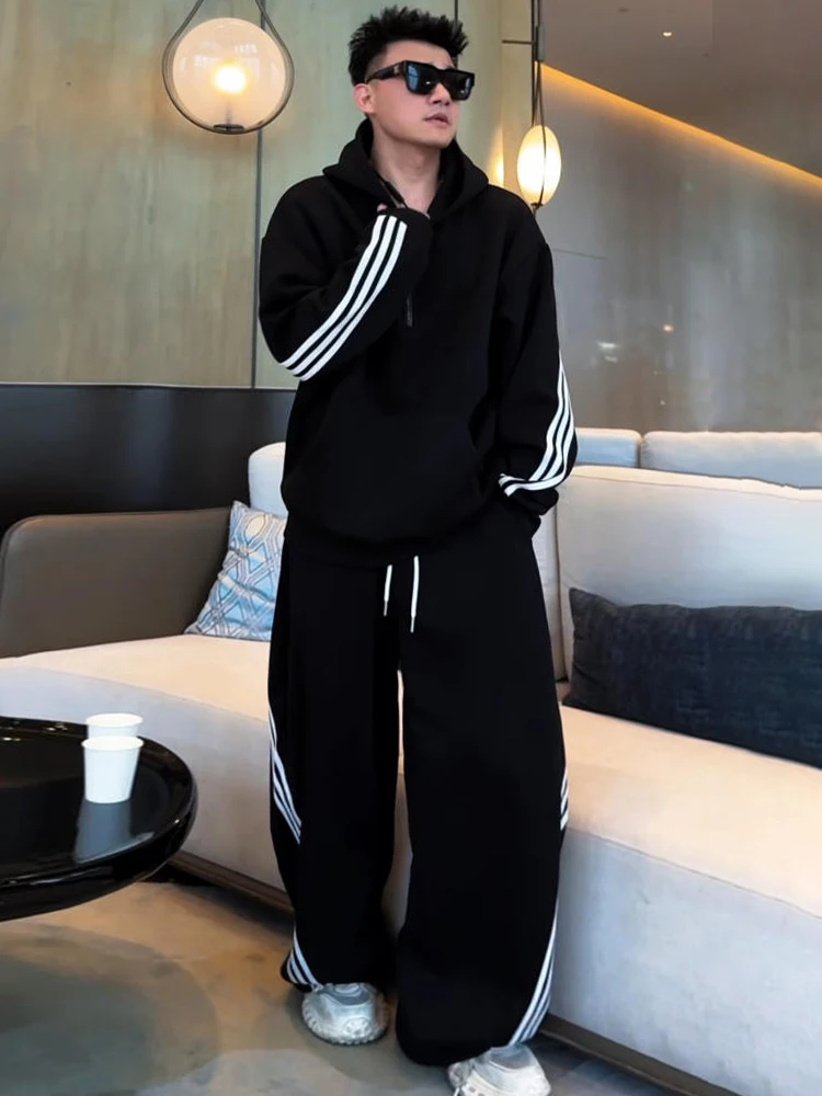 

Зимняя модная свободная толстовка с капюшоном, мужской комплект спортивной одежды, модные полосатые лоскутные широкие брюки, одинаковый комплект