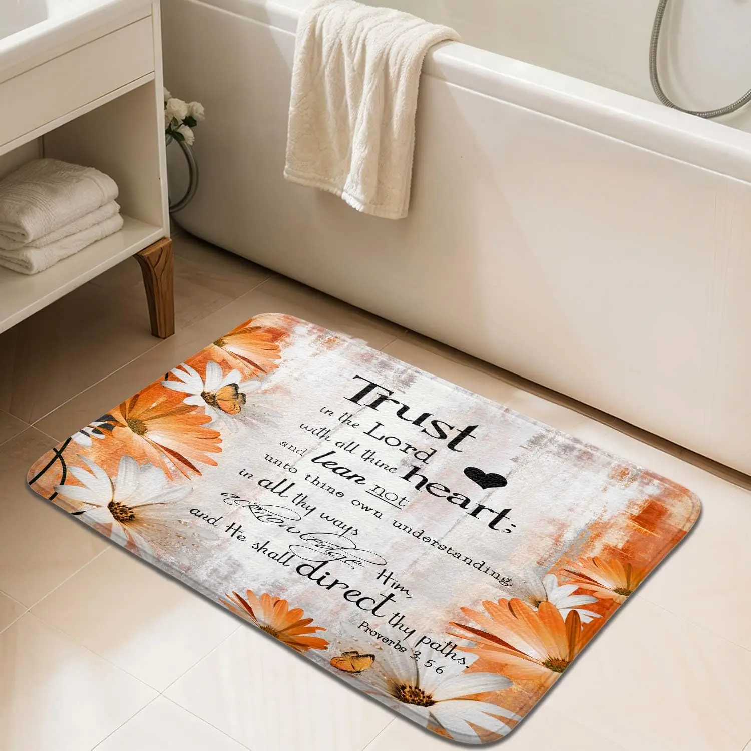 Trust In The Lord Bible Verse Bath Mat Orange Daisy Floral Farmhouse Non Slip Rug