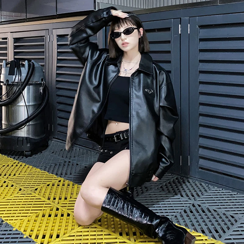 Leather Motorcycle Jacket Women Vintage PU Leather Jacket High Street Oversized Moto Biker Coats BF Punk Loose Casual Outerwear