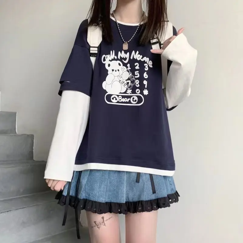 2024 Autumn Teen Girls Harajuku Cartoon Bear Print Fake 2 Pieces Tshirt Patchwork Long Sleeve Y2K T-Shirt Women Sweet Clothes