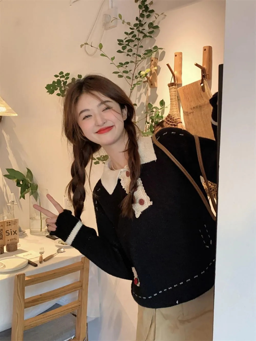 

Vanwen милый ор свитер женский осенне-зимний вязаный воротник цвет блузка сладкий слей повседневный свободный крой длинный све