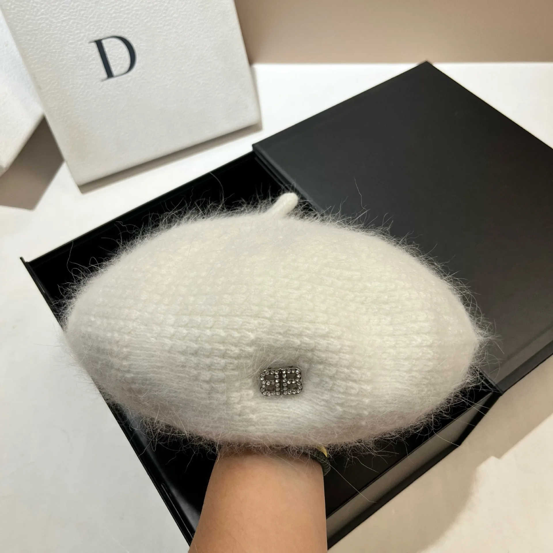 

Women's Rabbit Fur Beret Winter Warm Knitted Slouchy Hat Cozy Soft Letter Embroidery Beanie Cap for Women