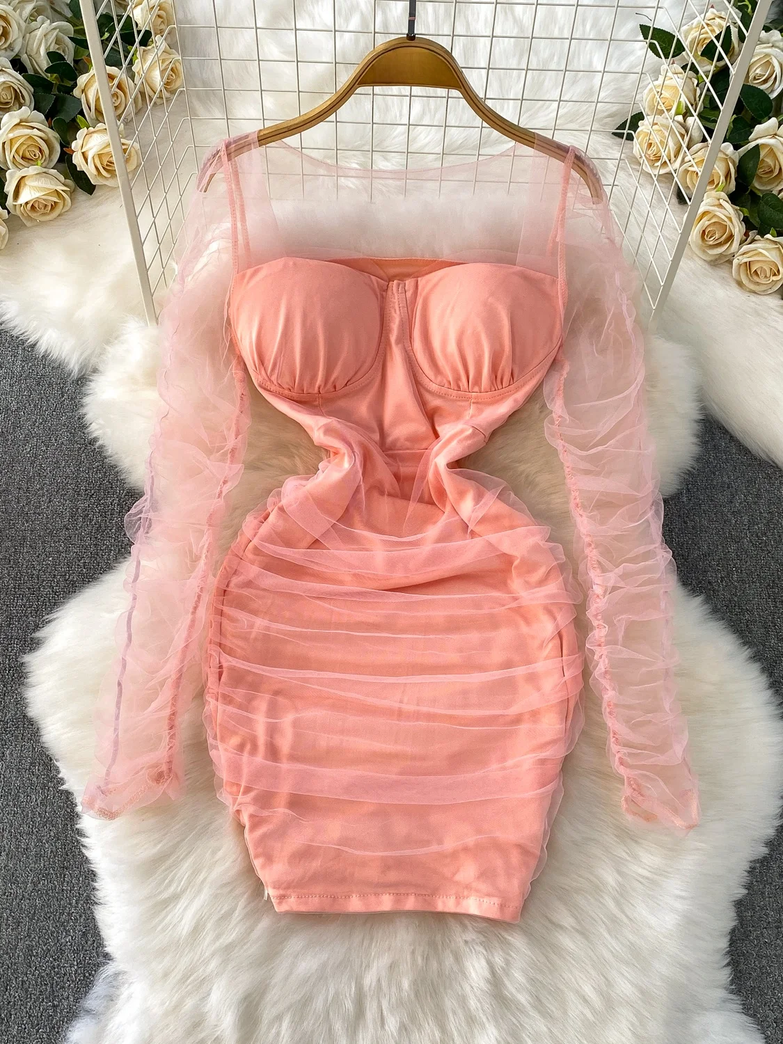 E vestido de malha de manga crida de cintura alta f design de verão slim-fit bodycon saia painéis transparen...