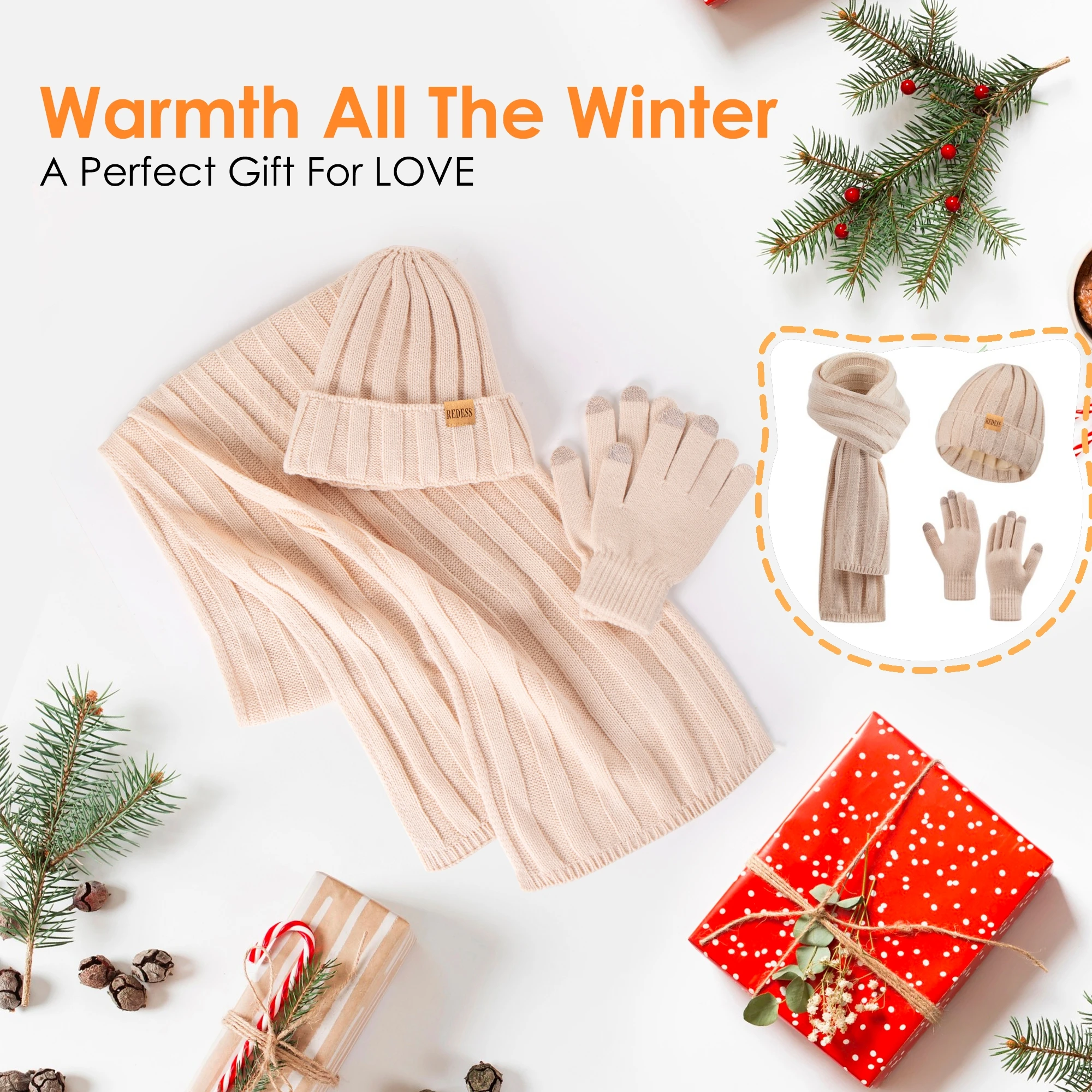 قبعة نسائية شتوية فضفاضة متماسكة، قفازات تعمل باللمس، وشاح طويل دافئ ومريح، طقم من ثلاث قطع، هدية رائعة