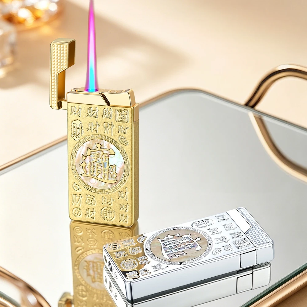 New Alloy Shell Embedded Windproof Spray Red Flame Butane Gas Lighter with Visible Air Window Outdoor Ultra-thin Cigar Lighter
