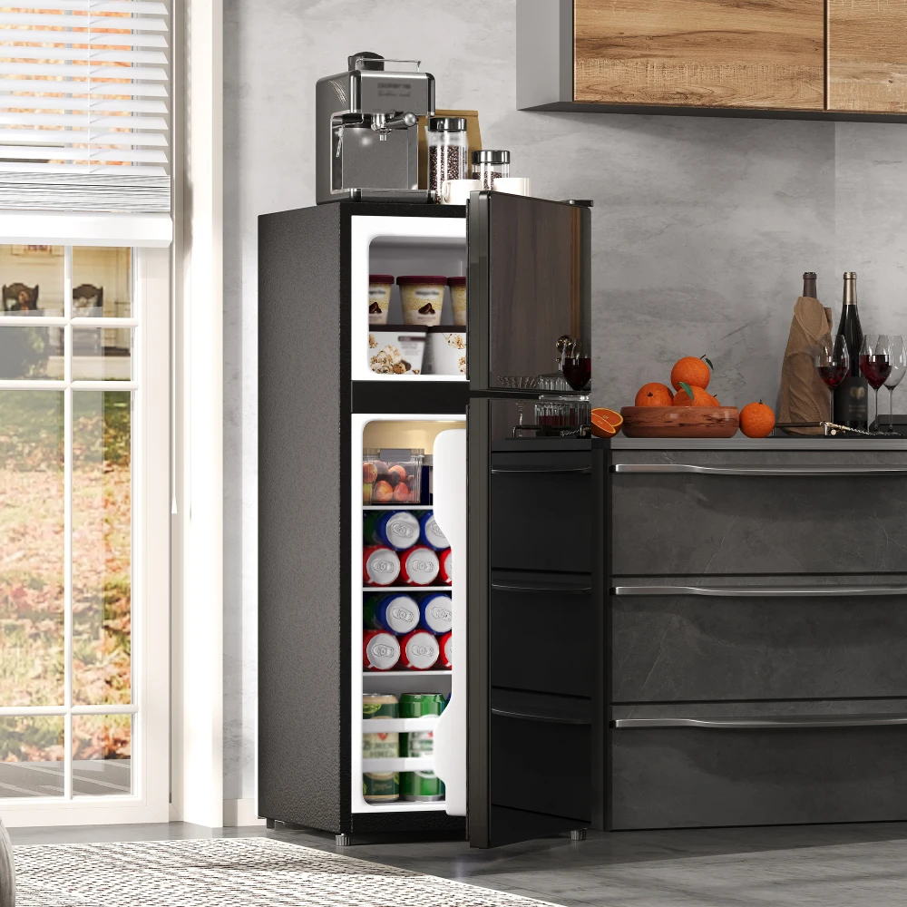 Mini nevera con puerta de vidrio de 92L con congelador de 28L, refrigerador compacto silencioso de libre colocación para oficina