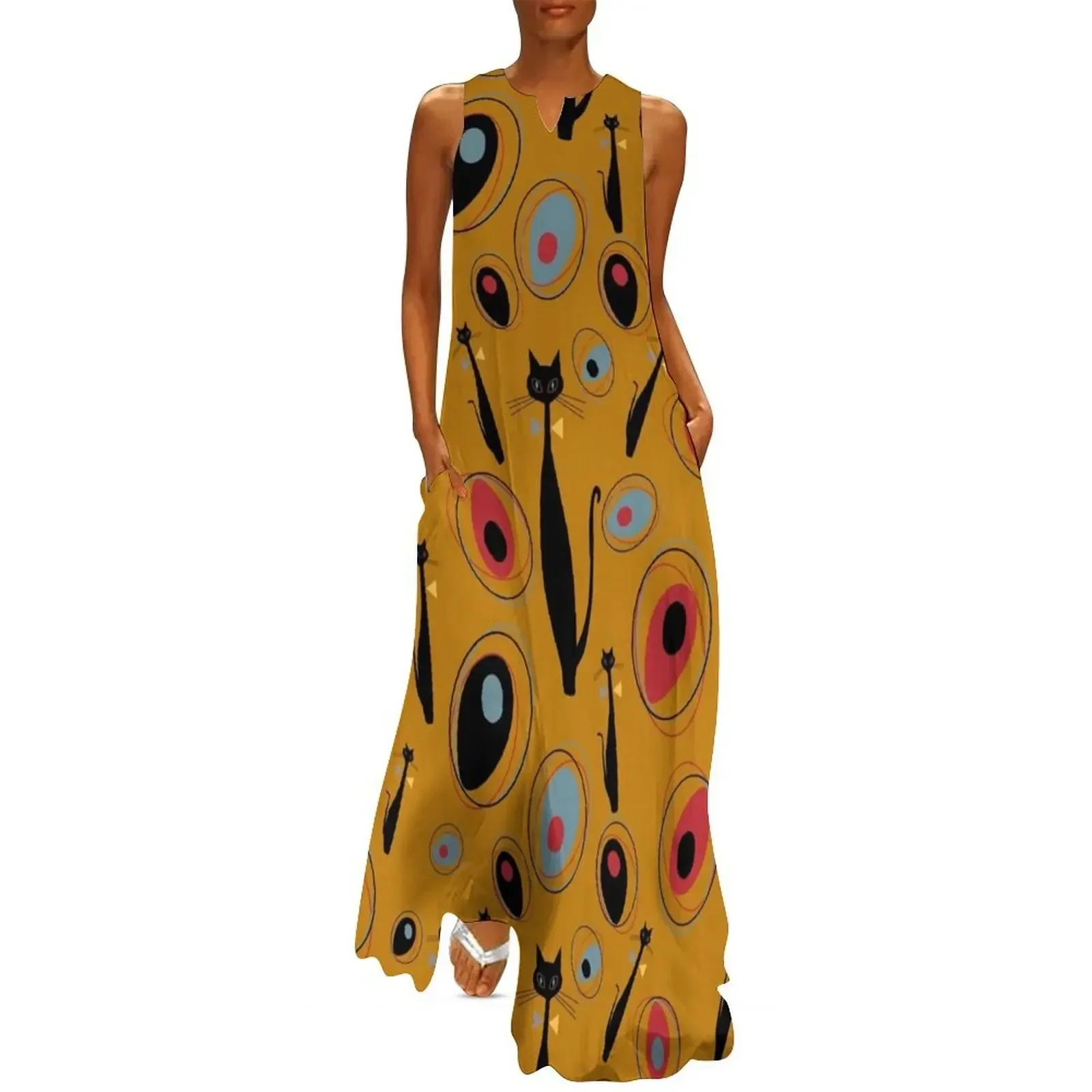 Mid-Century Modern Art Atomic Cats 1.2 Half-Drop Pattern Long Dress Clothing female Dress