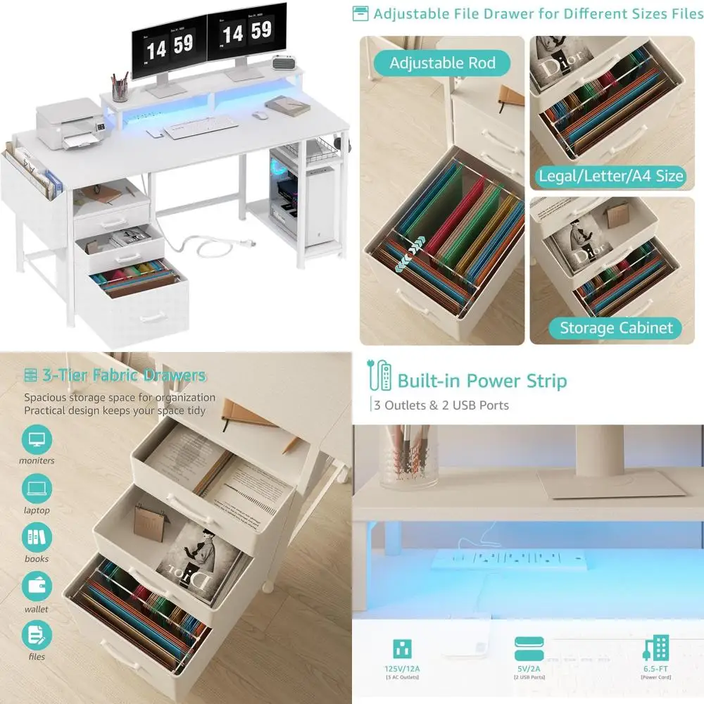 55 مكتب مكتب منزلي أبيض مع أضواء LED ومنافذ طاقة وأدراج ملفات وحامل شاشة #1