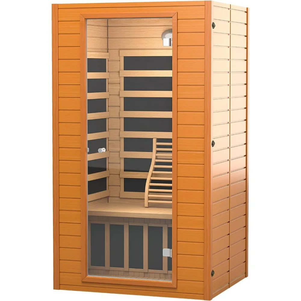 Sauna infravermelha distante para casa, sala de sauna doméstica de madeira perto de zero EMF com 1600W, 9 luzes de terapia cromática, Bluetooth, painel de controle LCD