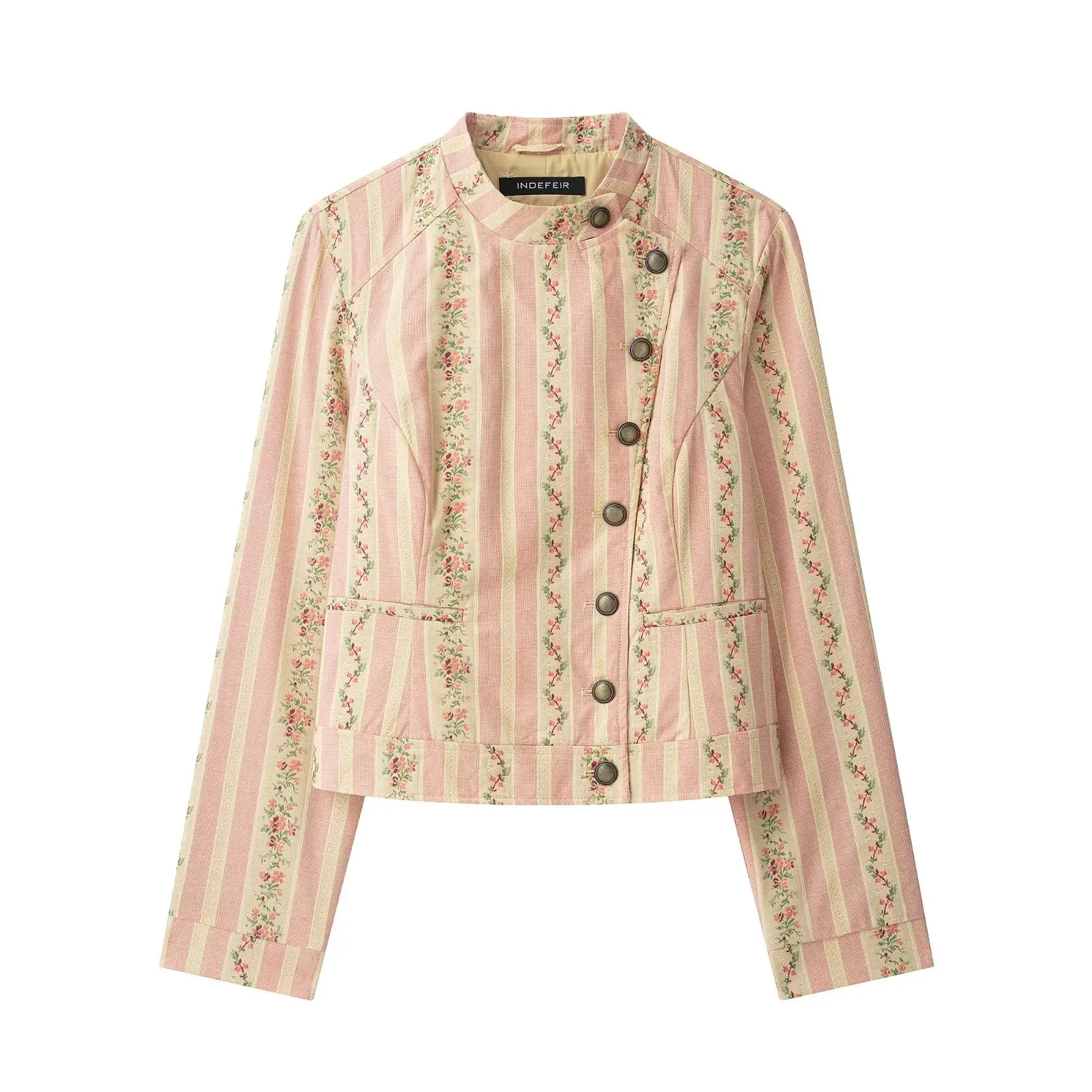 BSAY Damen-Jacke mit Jacquard-Streifen und Blumenmuster, Stehkragen, asymmetrischer Knopfleiste, Ärmeltasche, kurz geschnittene Freizeitjacke – Detail 2