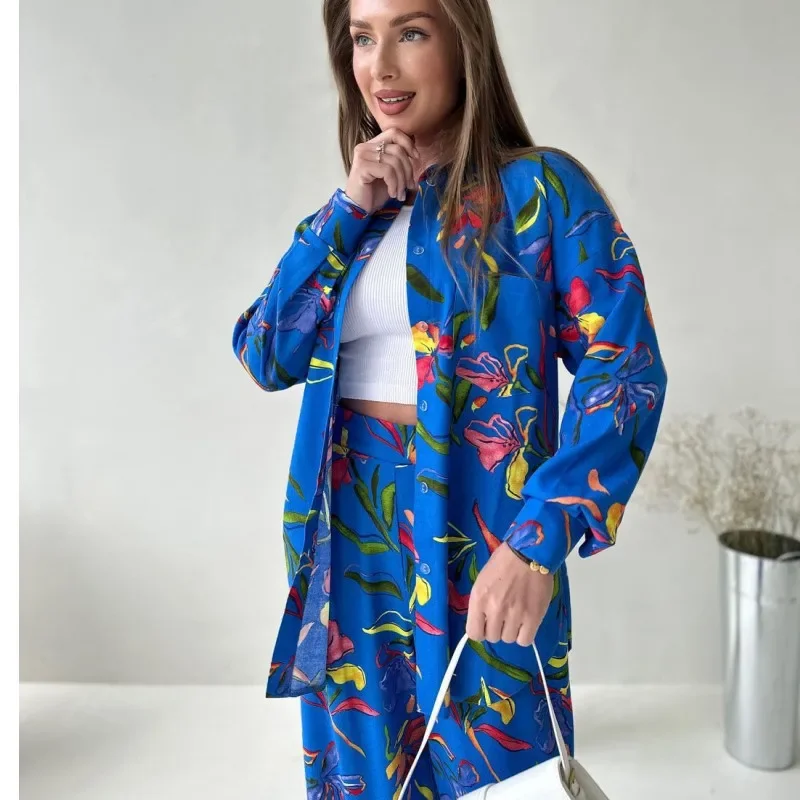 Women Tracksuit Two Pieces Set Long Sleeve Single Breasted Turn Down Collar Print Pockets Wide Leg Pants shirts matching sets