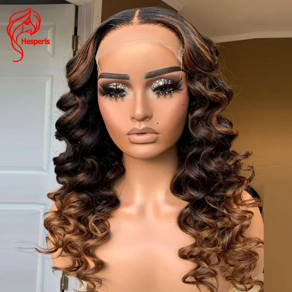 

Hesperis Ombre Brown Bouncy Curl Human Hair Wigs Brazilian Remy 13X6 Lace Front Wigs Silk Base Highlight Brown Human Lace Wigs