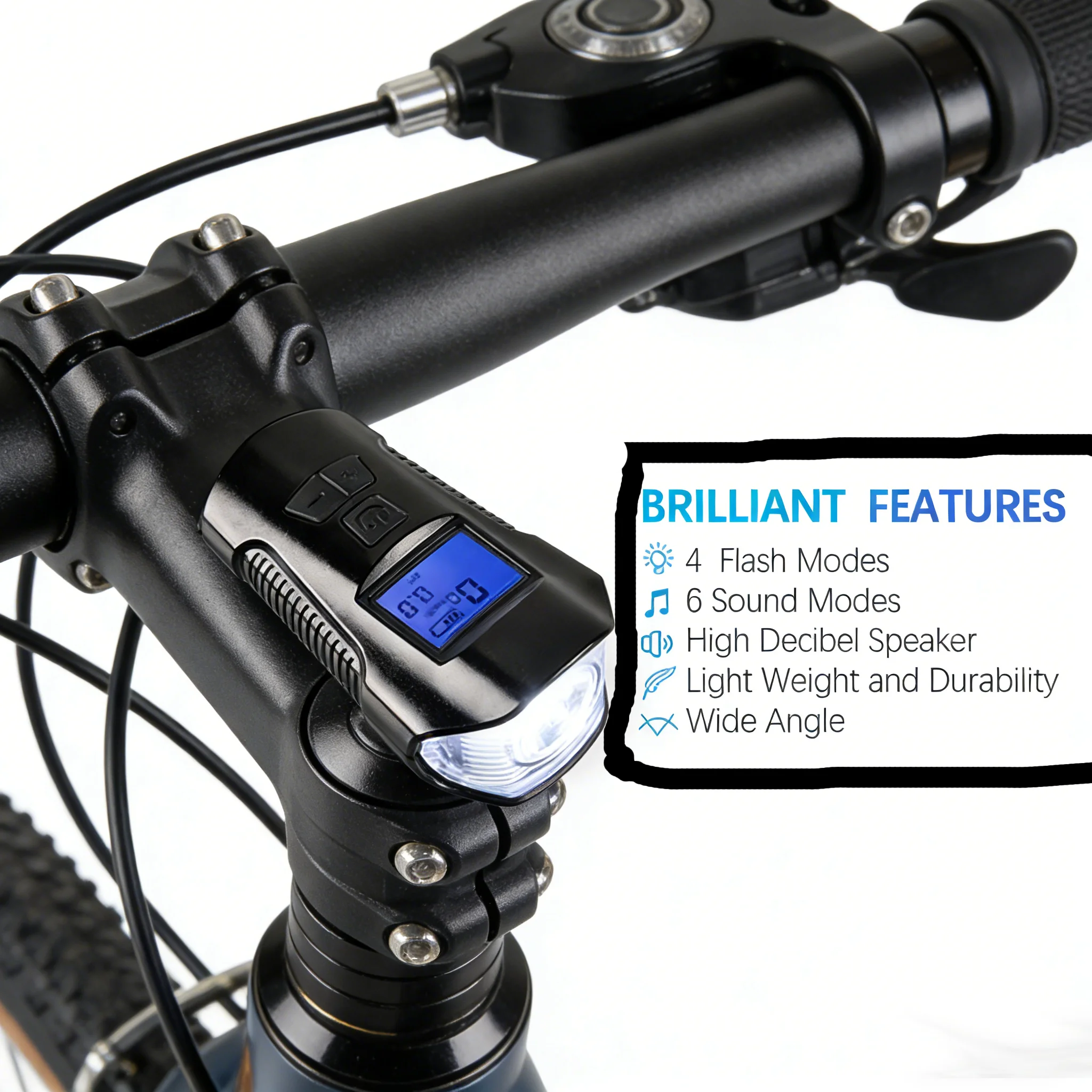 USB Rechargeable Bike Front Light with Speedometer & Horn,IPX5 Waterproof Bicycle Headlight,4 Modes LED Cycling Safety Light