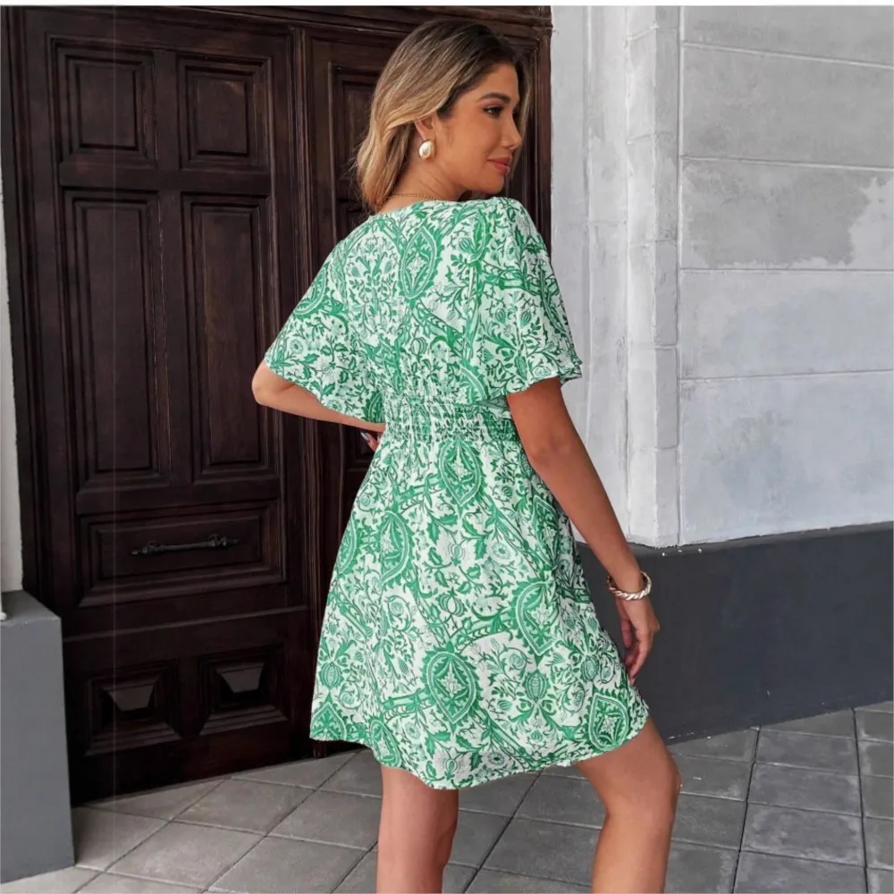 여름 프린트 러플 반팔 여성 비치 드레스 섹시한 딥 브이넥 캐주얼 휴가 우아한 여성 탄력 허리 미니 드레스