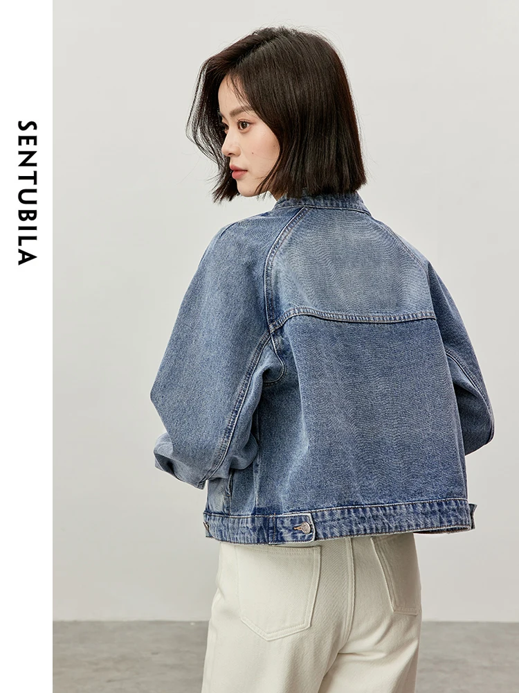 SENTUBILA 100% Cotton Denim Jackets for Women 2024 Autumn Fashion Straight Retro Washed Stand Neck Long Sleeve Coat W43W56613