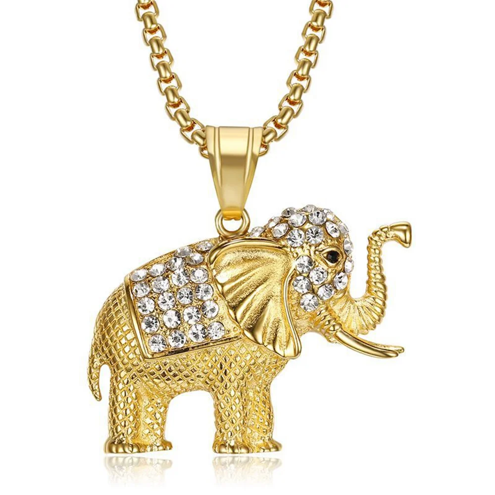 Hip Hop Iced Out Elephant Pendant Female Gold Color Stainless Steel Zirconia Animal Necklace for Women Men Luxury Jewelry Gift