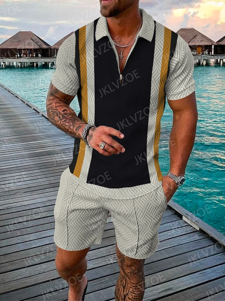 Men\'s Polo Tracksuit Set Summer Fashion Men Short Sleeve Zipper Polo Shirt&Shorts Set for Men Casual Streetwear 2 Piece Suit