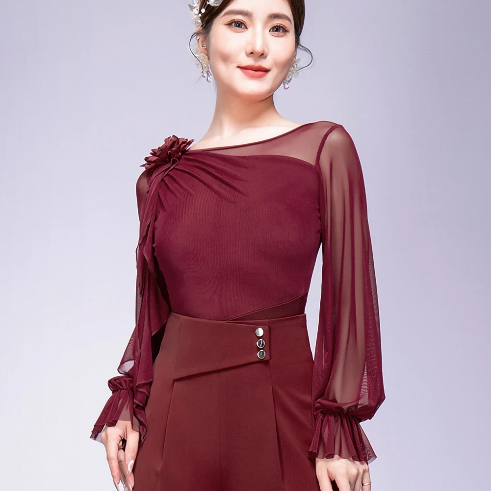 Top latino feminino azul escuro em torno do pescoço tridimensional flor roupas femininas novo vinho vermelho prática samba lanterna manga