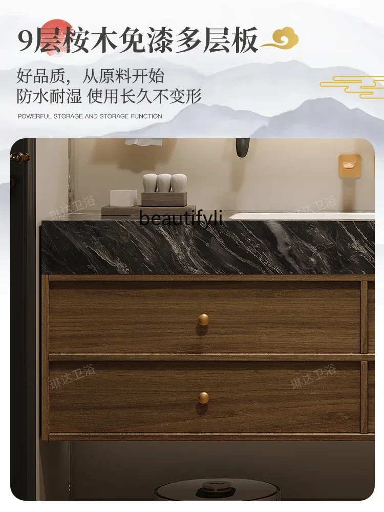 

CC Medieval style bathroom cabinet combination luxury stone seamless basin walnut washstand wash basin