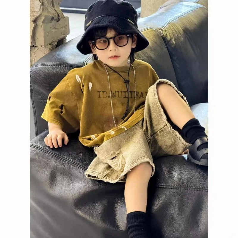 

Boys Perforated Tie Dye Short Sleeved T-shirt 2025 Summer Outfit New Perforated Denim Shorts Children's Clothing 2-7Y