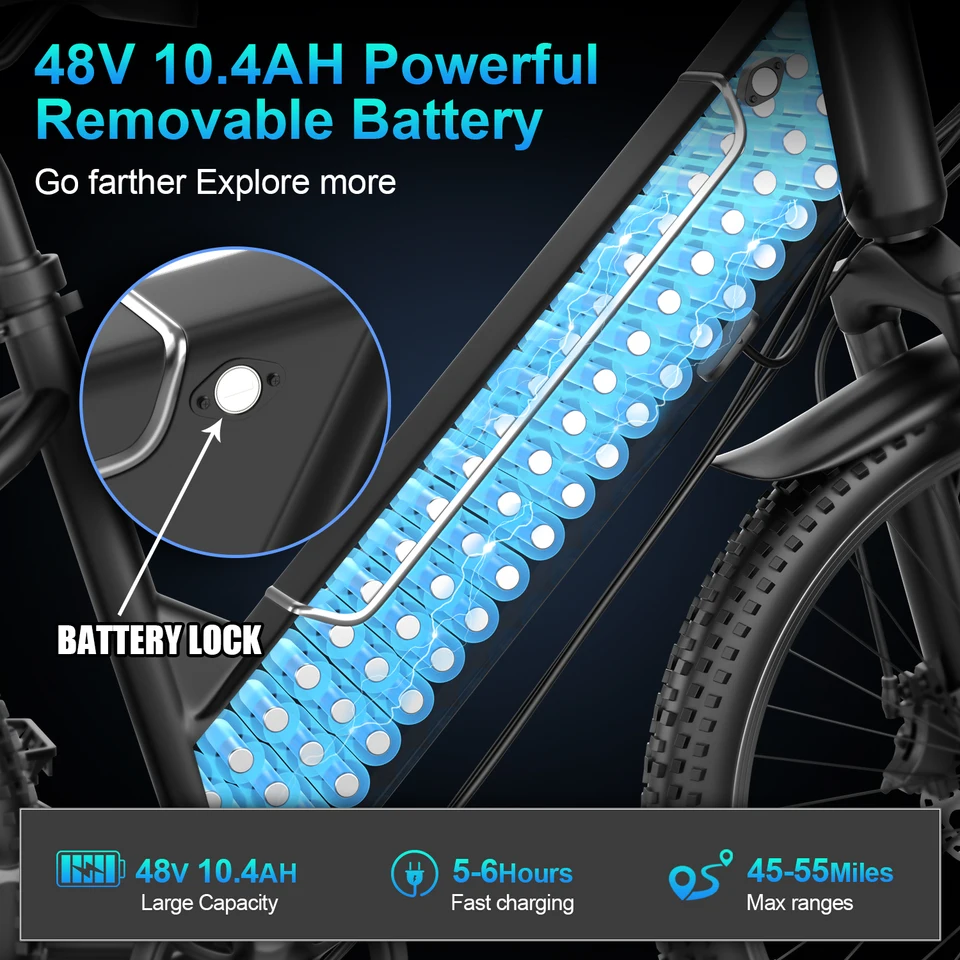 ASKGO Electric Bike for Adults, 750W Peak Ebike, 48V 10.4Ah Removable Battery, Up to 28 MPH & 55 Miles Range, 26 Inch 7-Speed City Cruiser & Mountain E-Bike for Commuting, Step-Thru image 6