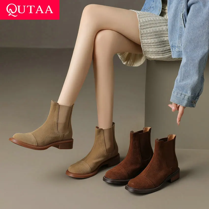 

QUTAA 2024 Western Women Short Boots Chelsea Cow Suede Leather Thick Med Heels Shoes Woman Retro Style Autumn Winter Size 34-39