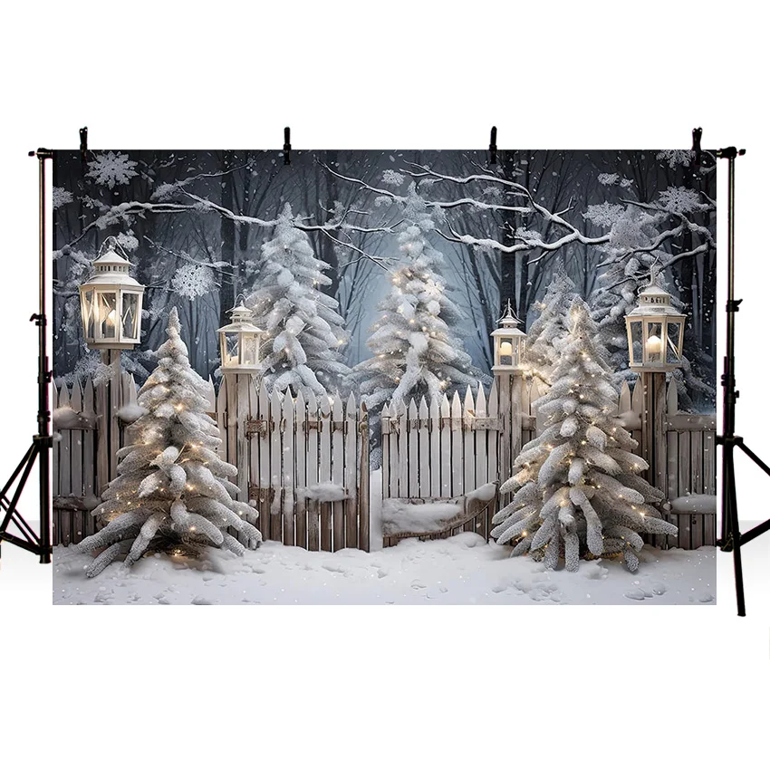 Mehofond Winter Outdoor Christmas Fence Backdrop Xmas Pine Tree Glitter Night Decor Baby Portrait Photography Background Studio