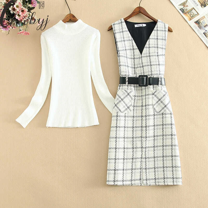 Women Elegant Plaid Dress Two Peice Suits Spring Autumn Long Sleeve Sweater +Tweed Sleeveless Bottoming Vesdtidos Korean Set