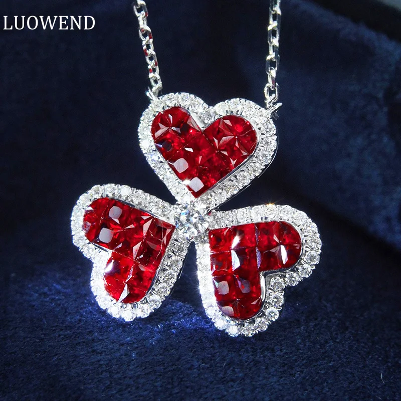 

LUOWEND 18K White Gold Necklace Natural Ruby Real Diamond Luxury Gemstone Necklace for Women Engagement Luck Clover Design