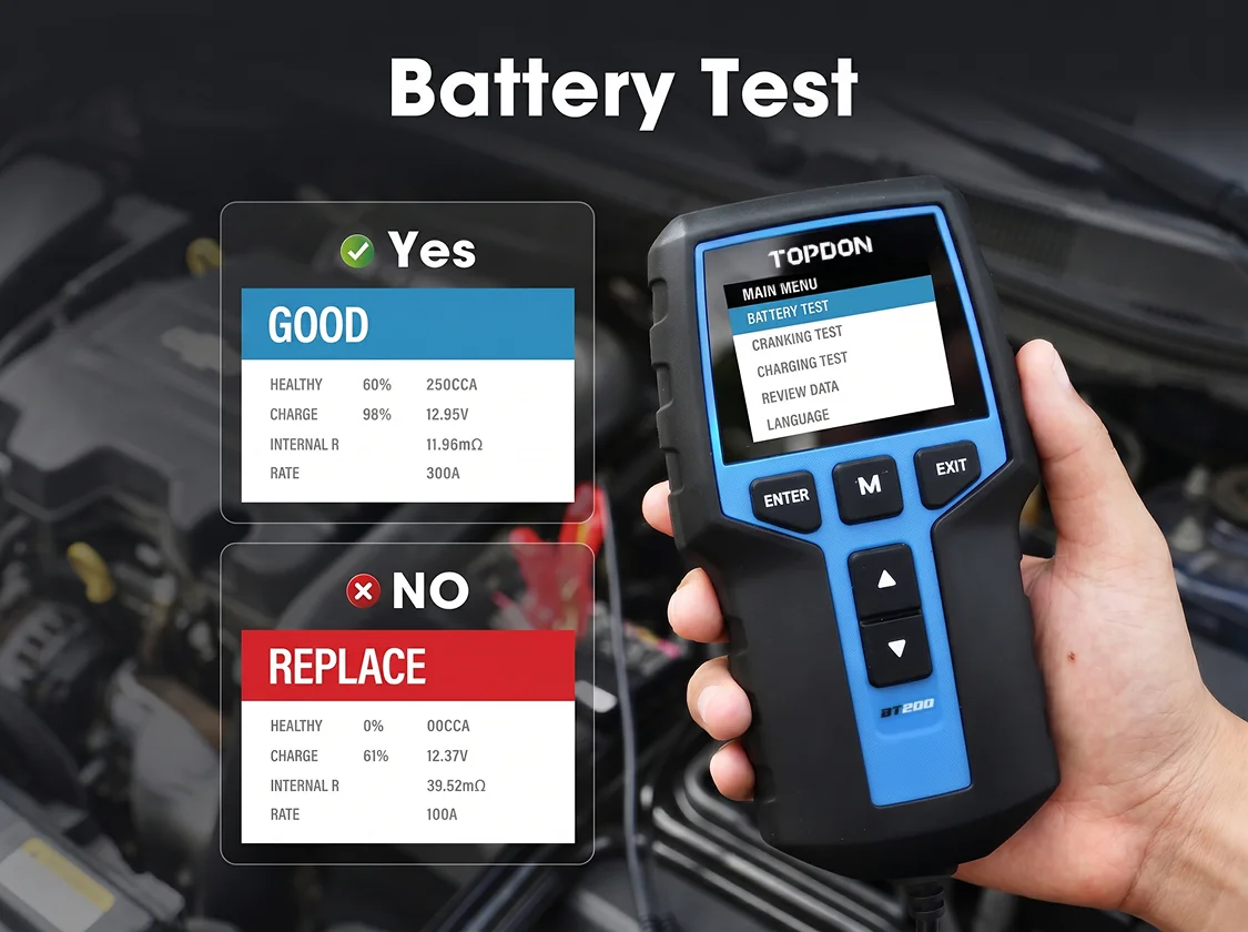 TOPDON BT200 Portable Battery Tester Charging Cranking Test Tools for Car 12V Automotive Diagnostic Battery Monitor 100-2000CCA