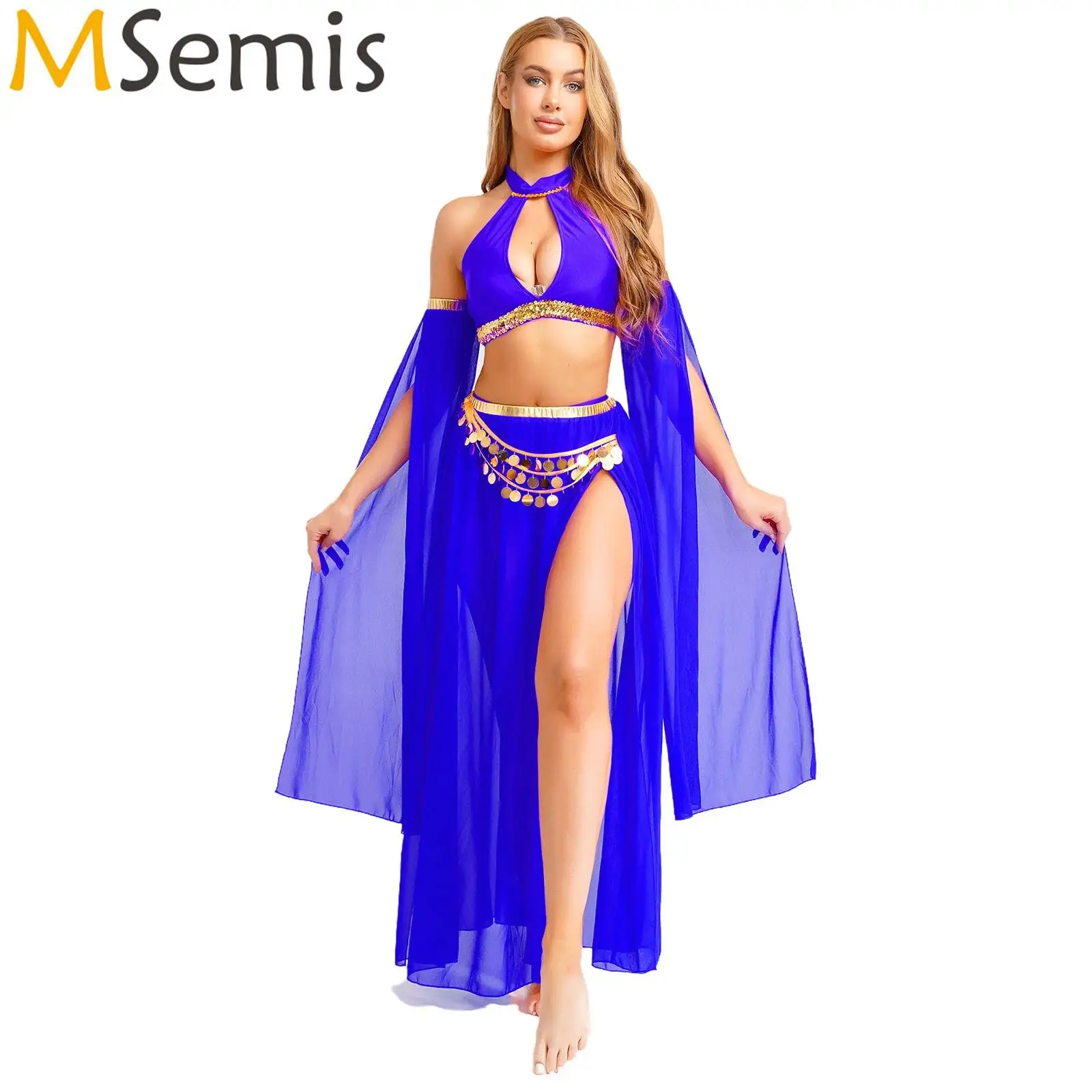 

Womens Oriental Indian Belly Ethnic Dance Performance Costume Belly Dance Outfit Hollow Out Halter Crop Top Shorts Chiffon Skirt