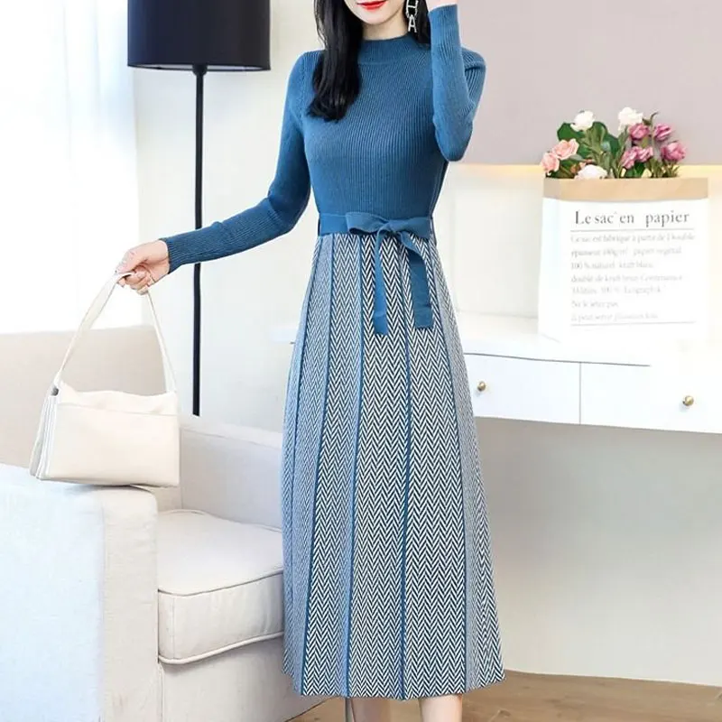 

Vintage Spliced Knitted Midi Dress Autumn Winter Casual Half High Collar Female Clothing Elegant Waist Drawstring Bow Dresses