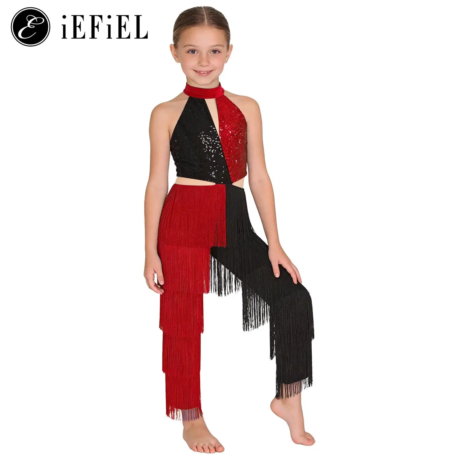 

Girls Shiny Disco Party Performance Costume Sequin Tassels Latin Dance Jumpsuit Halter Sleeveless Tango Salsa Cha Cha Bodysuit