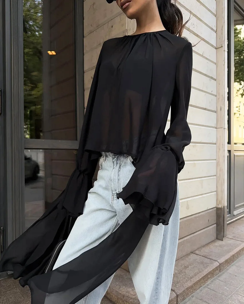 2025年ファッションシフォンシャツ レディース ブラックメッシュイレギュラーヘムラウンドネックロータススリーブ長袖トップス