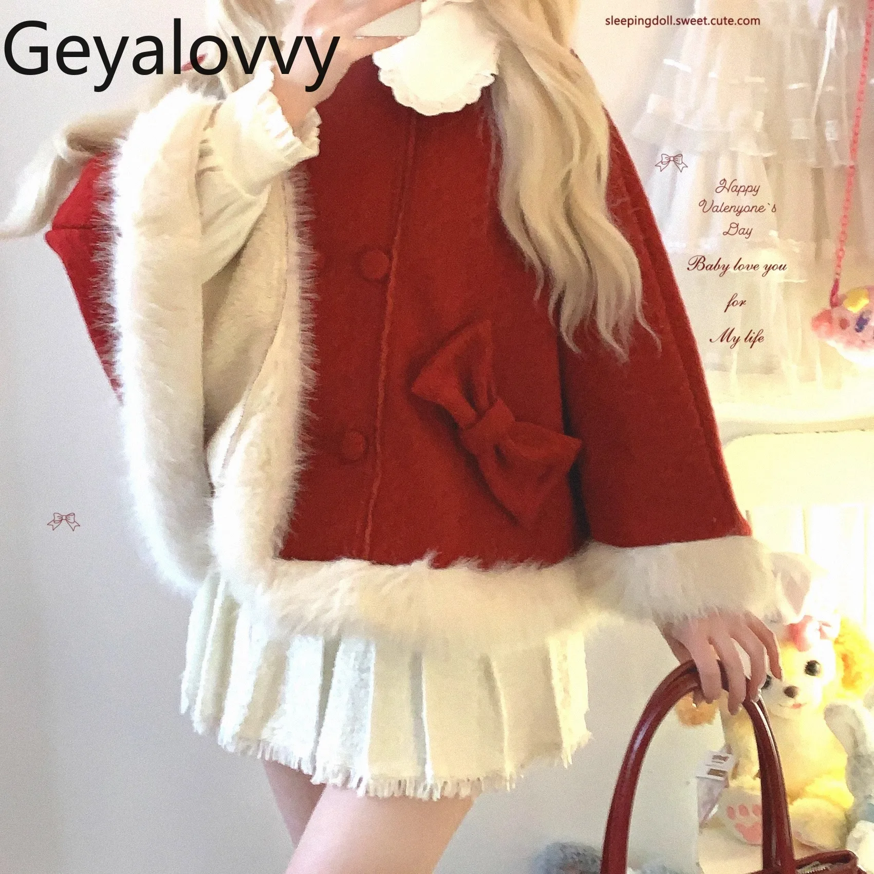 

Lolita Japanese Style Girl Cute Jackets Retro Double-Breasted Furry Winter Warm Coats for Women Bowknot Sweet Casual Cape