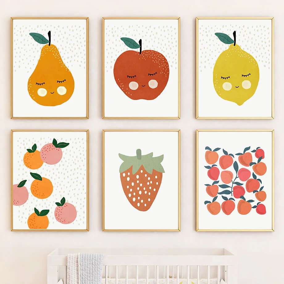 Colorful Fruits Apple Pear Lemon Strawberry Flower Wall Art Canvas Painting Posters Prints Cartoon Pictures Baby Kids Room Decor