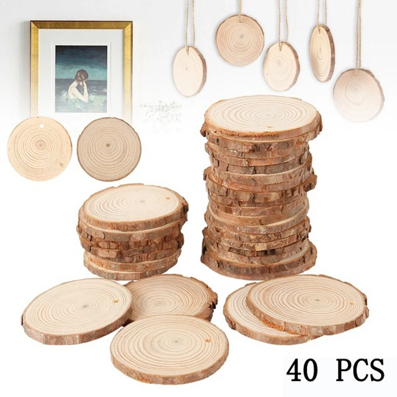 Inacabado Natural Rodada Fatias de madeira, círculos com árvore casca Log Discs, artesanato DIY, decoração do partido Home, 3-4cm, 40pcs