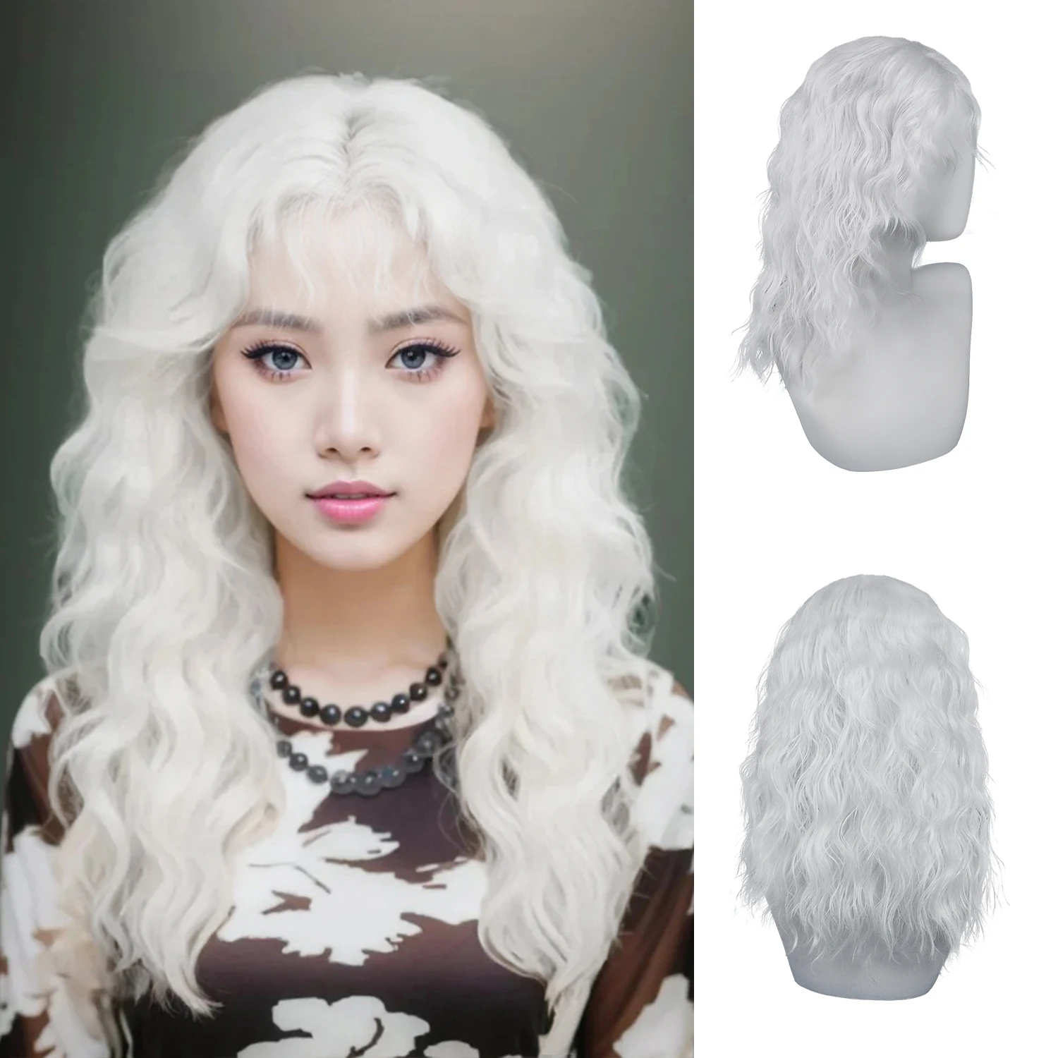 

Белый парик с челкой, синтетические длинные волны, парики 80-х годов, женская прическа в стиле панк, винтажный вьющийся волнистый костюм на Хэллоуин для женщин