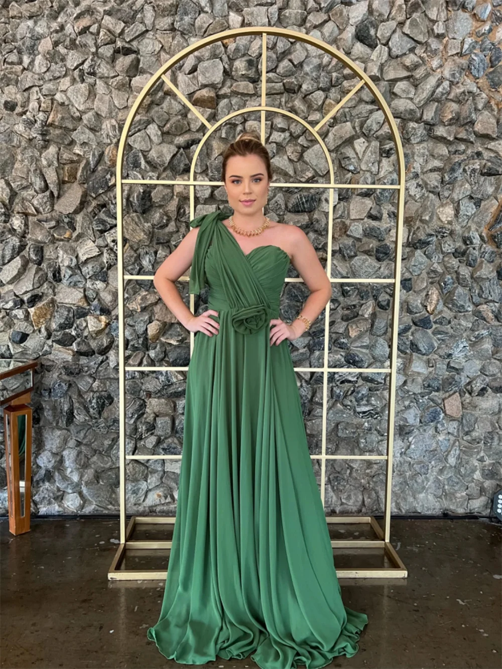 

Amanda Comfy Chiffon One Shoulder A-line Prom Dress Elegant Green Maxi Sleeveless Vestidos De Fiesta Flower فساتين سهرة