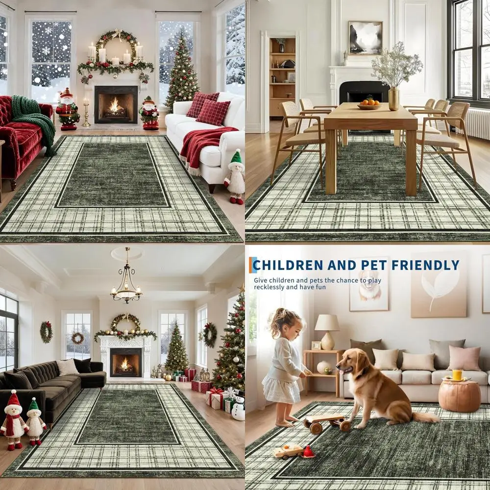 

Green 4x6 Living Room Washable Rugs, Non-Slip Checkered Bedroom Mat, Soft Low Pile Stain-Resistant Laundry Room Carpets for Home