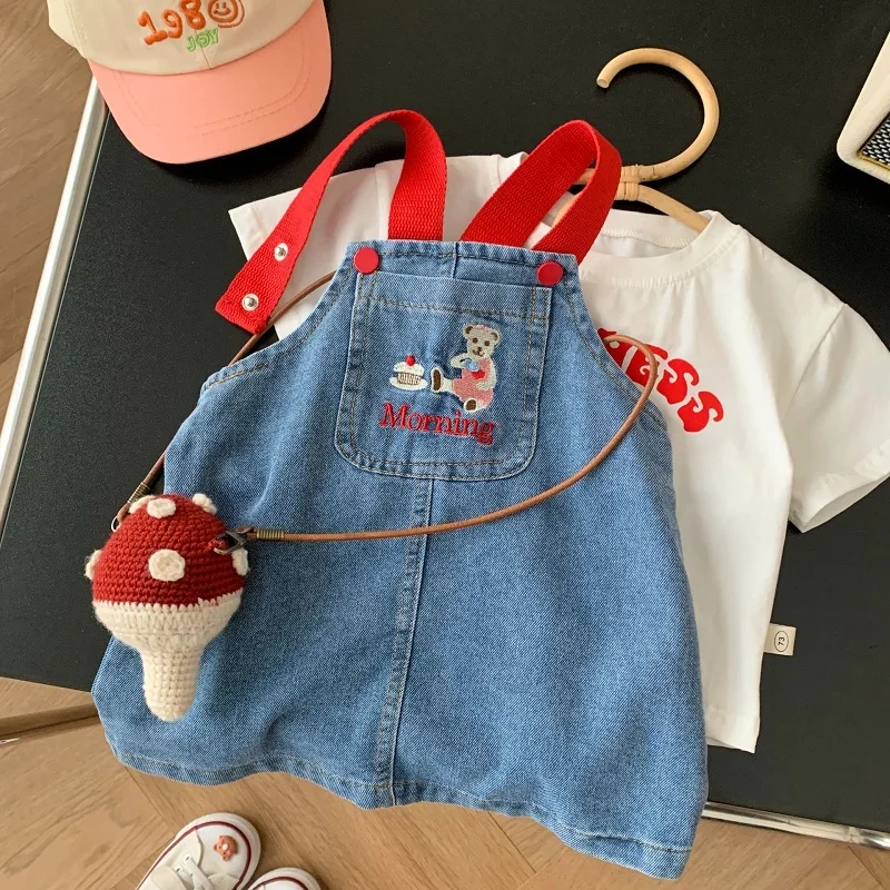 2023 Summer Children Girl Clothes 0-6Years Kids Girl Cartoon Bear Embroidery A-line Denim Dress Overalls Outfit Fashion Sundress