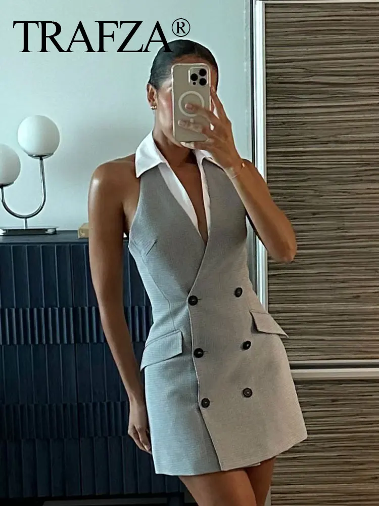 TRAFZA Female Sexy Mini Dress Grey Turn-Down Collar Sleeveless Backless Double Breasted Summer A-Line Dresses Woman 2024 Trendy