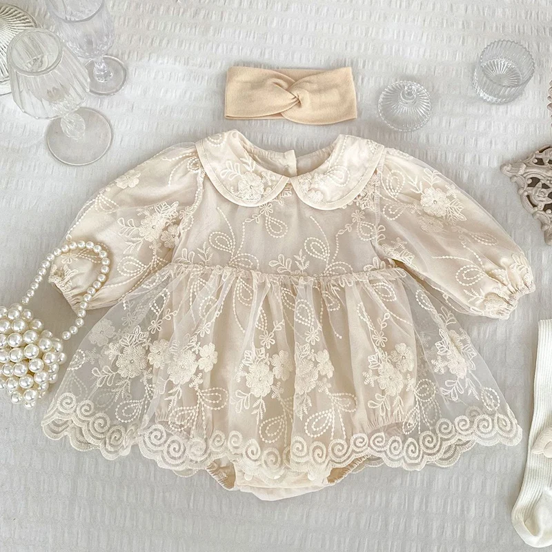 2024 New Autumn 0-24M Baby Clothing Korean Style Climbing Suit Long Sleeved Cotton Lace Splicing Newborn Baby Girls Bodysuits