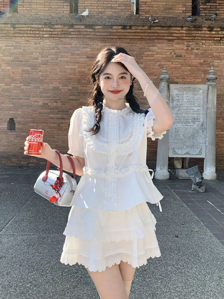 Japanese Sweet Preppy Style Ruffles Splicing Round Neck Puff  Short Sleeve Single Breasted Drawstring Slim Shirts Blouses Women