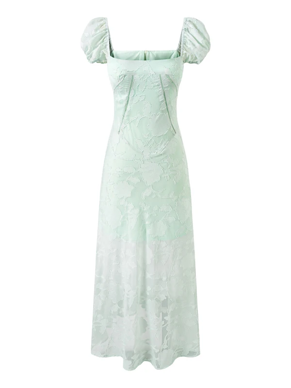 

Mint een Square Collar Bubble Sve Lace Dr Women Slimming Holiday Sle Long Dr High Waist A-Line Skirt ort Sve