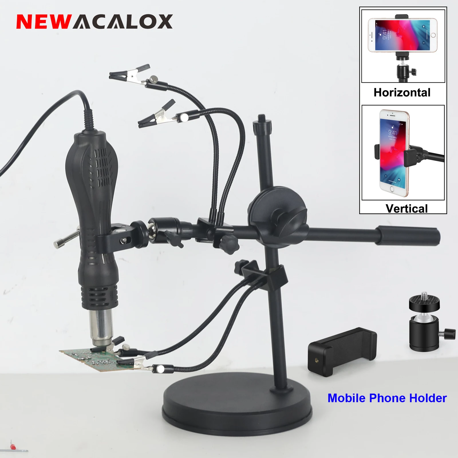 NEWACALOX Adjustable PCB Fixture 360 Hot Air Gun Holder with 4 Meta Flexible Arms Soldering Helping Hands for IC Solder Repair