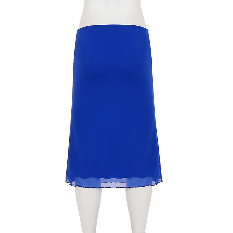 Women's Klein Blue Mesh Midi Skirt Low Waist Sexy Elegant Figure-Flattering European Style